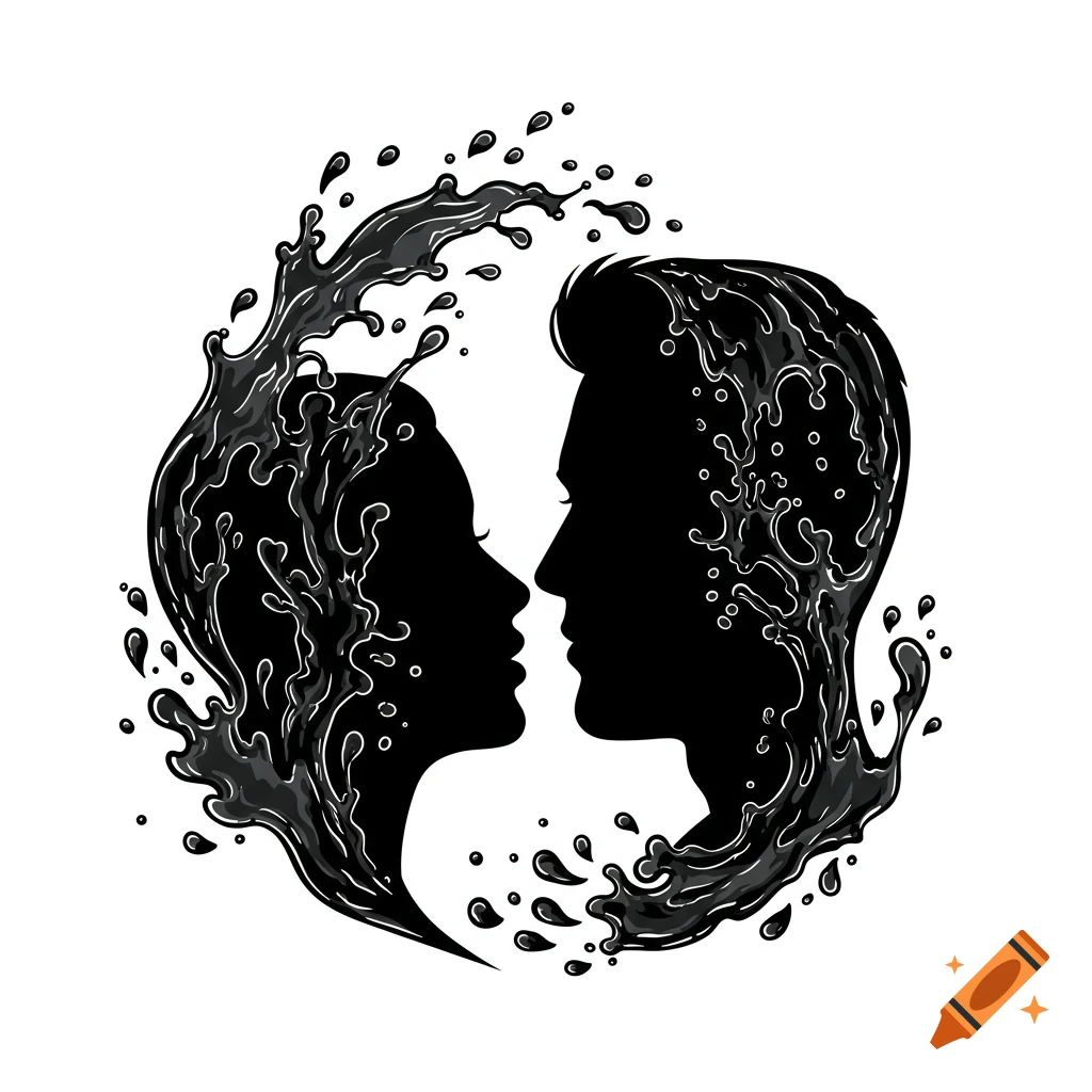 Black silhouettes of a man and woman's faces formed by liquid splashes, facing each other.