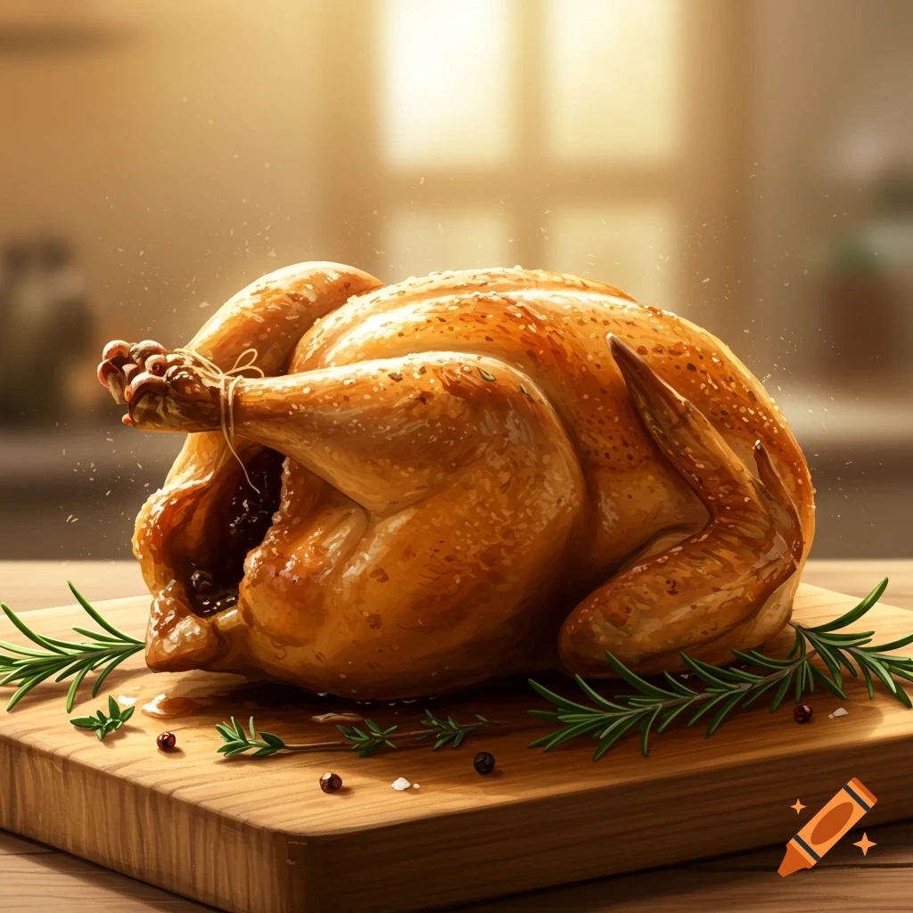 A roasted chicken on a wooden cutting board with rosemary sprigs and spices.