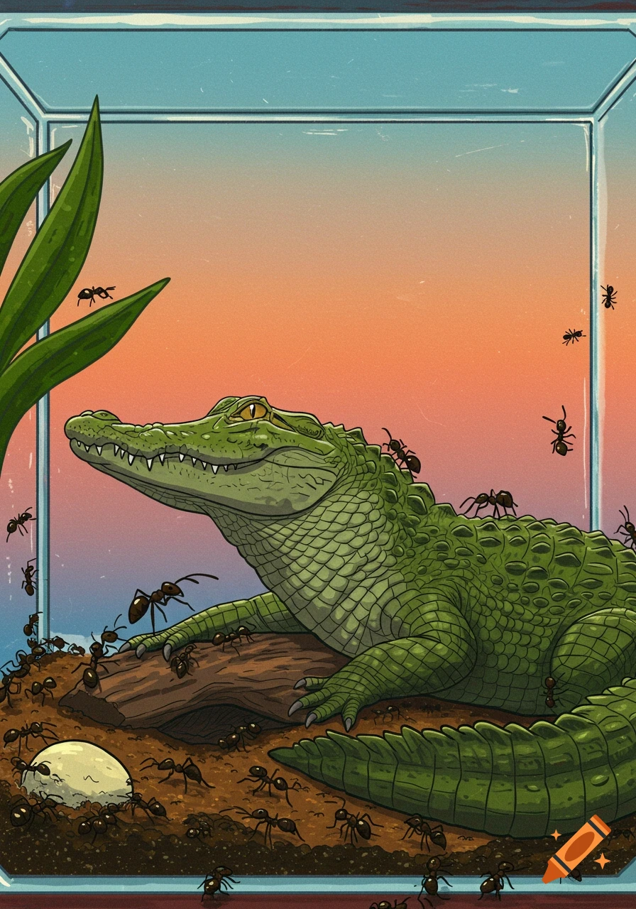 An illustration of an alligator covered in ants inside a glass terrarium.