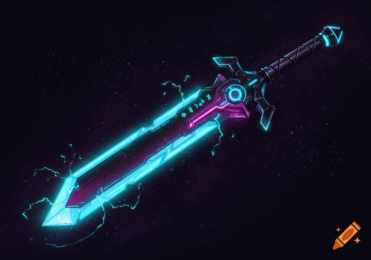 A glowing futuristic sword with blue and pink neon accents against a dark background.