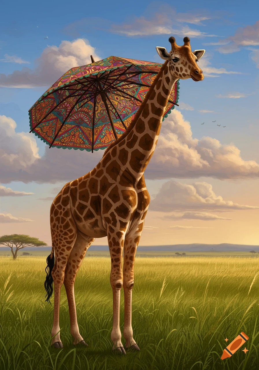 A giraffe stands in a savanna field holding a large, colorful umbrella. Painted style.