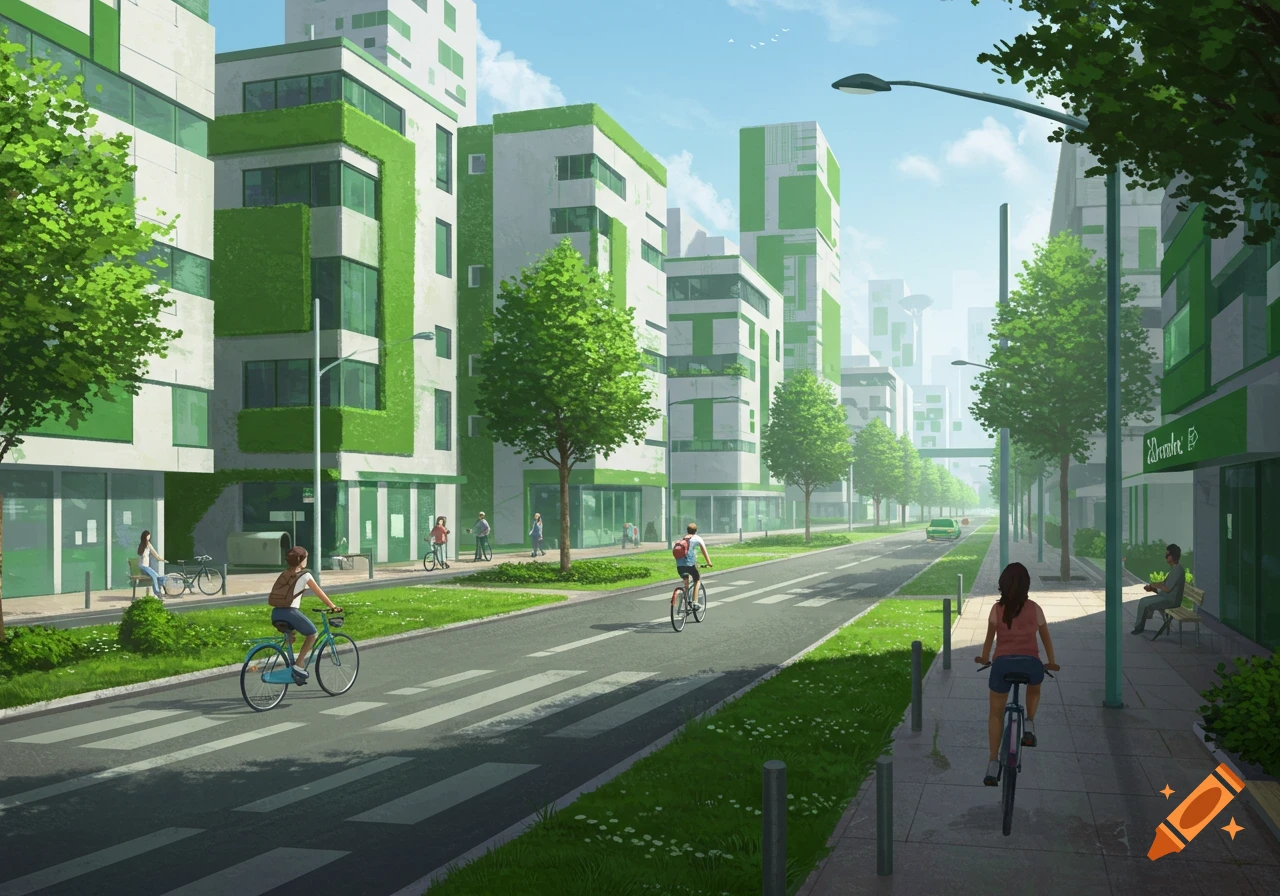 A clean city street scene with green buildings, trees, and people riding bicycles under a sunny sky.