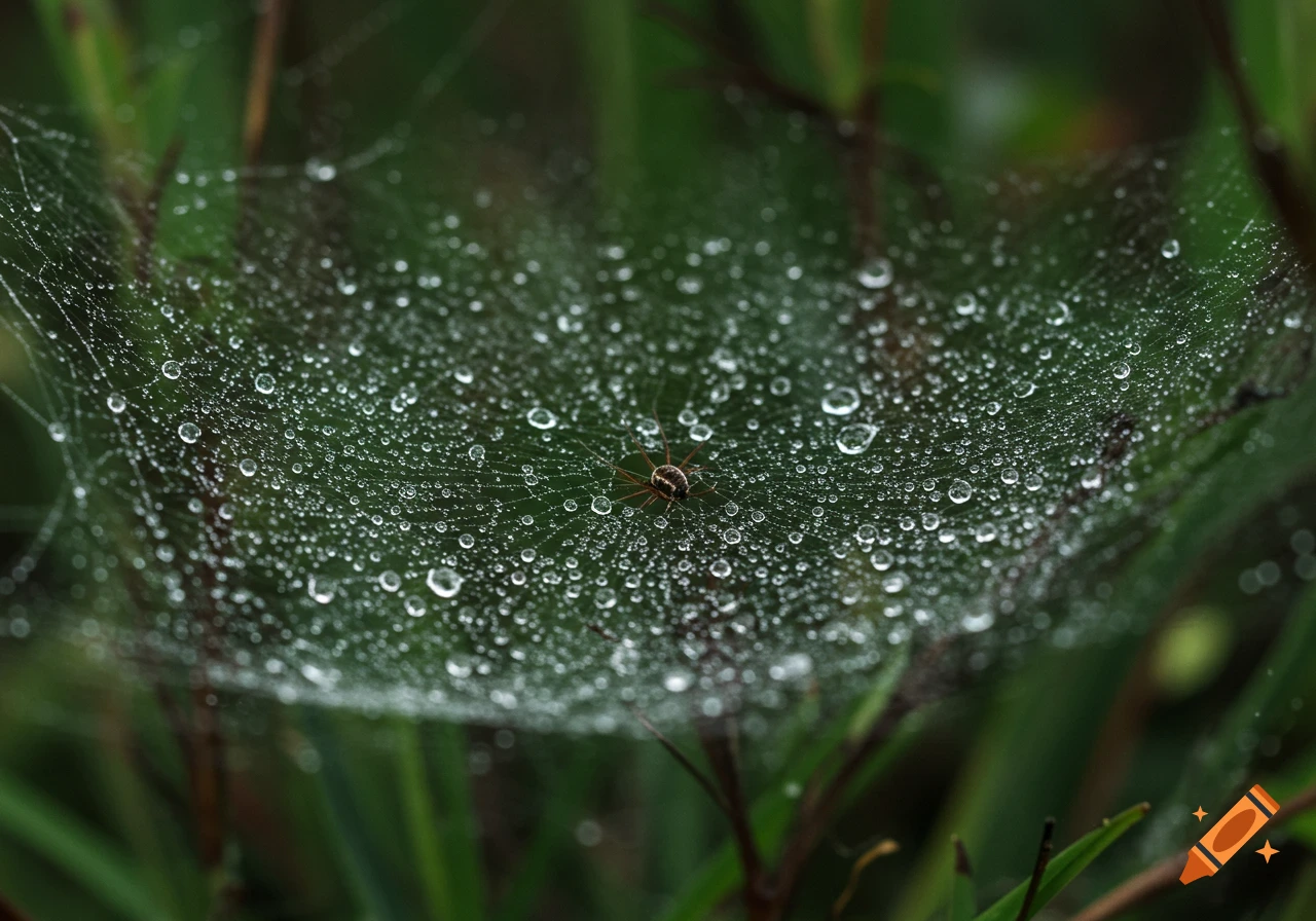 A spider web covered in glistening dew drops with a spider in the center.