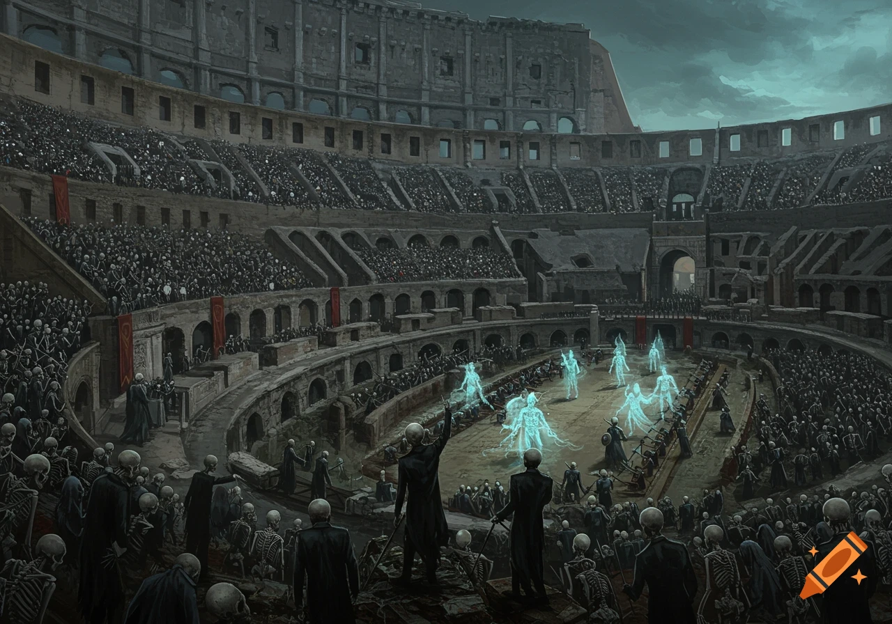 Skeletons fill the seats and arena of a dark Roman Colosseum, with glowing figures in the center.