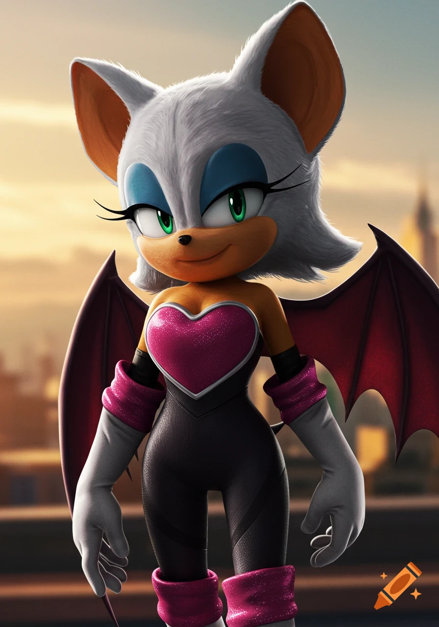 Rouge the Bat in Sonic movie style posing with city background at sunset