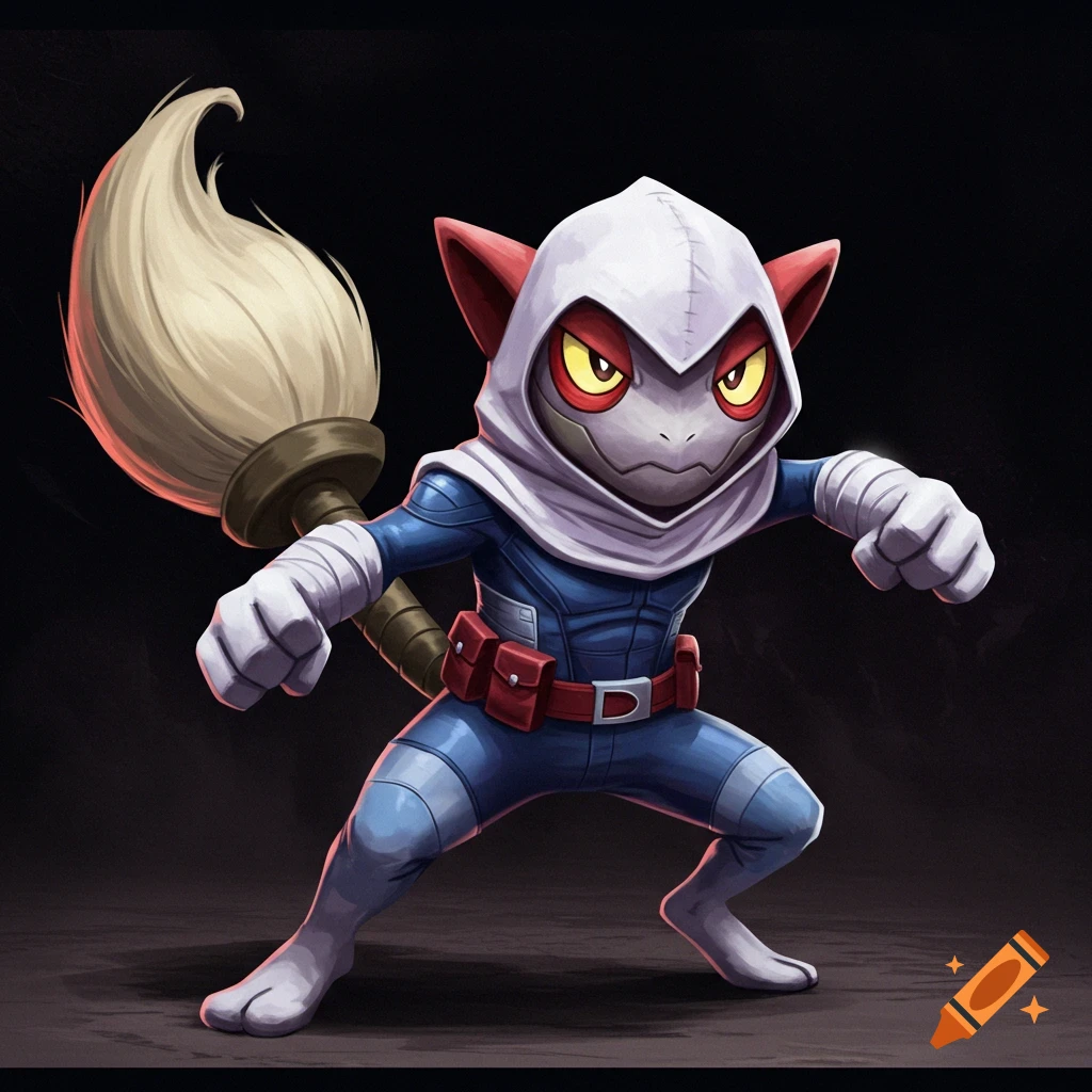 A stylized creature resembling a mix of Pokemon's Smeargle and Marvel's Taskmaster in a dynamic pose.