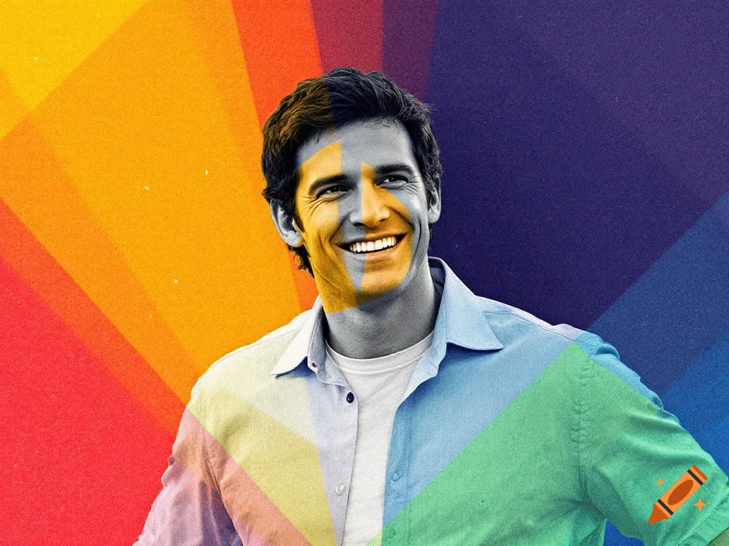 Smiling man's portrait with geometric rainbow coloring and backdrop