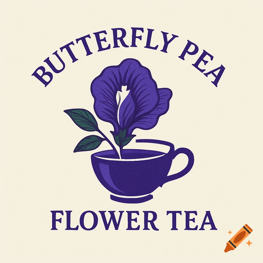 Logo for butterfly pea flower tea featuring a purple butterfly pea flower in a purple teacup with the text 'BUTTERFLY PEA FLOWER TEA'. Graphic style.