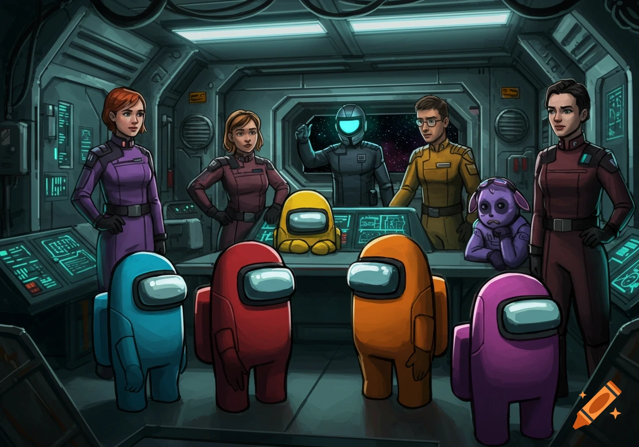 Illustrative image of colorful Among Us crewmates and humans on a spaceship bridge.