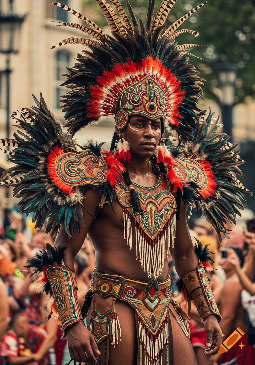 A man in an elaborate indigenous-inspired costume with a large feathered headdress and beaded details stands in a crowd.
