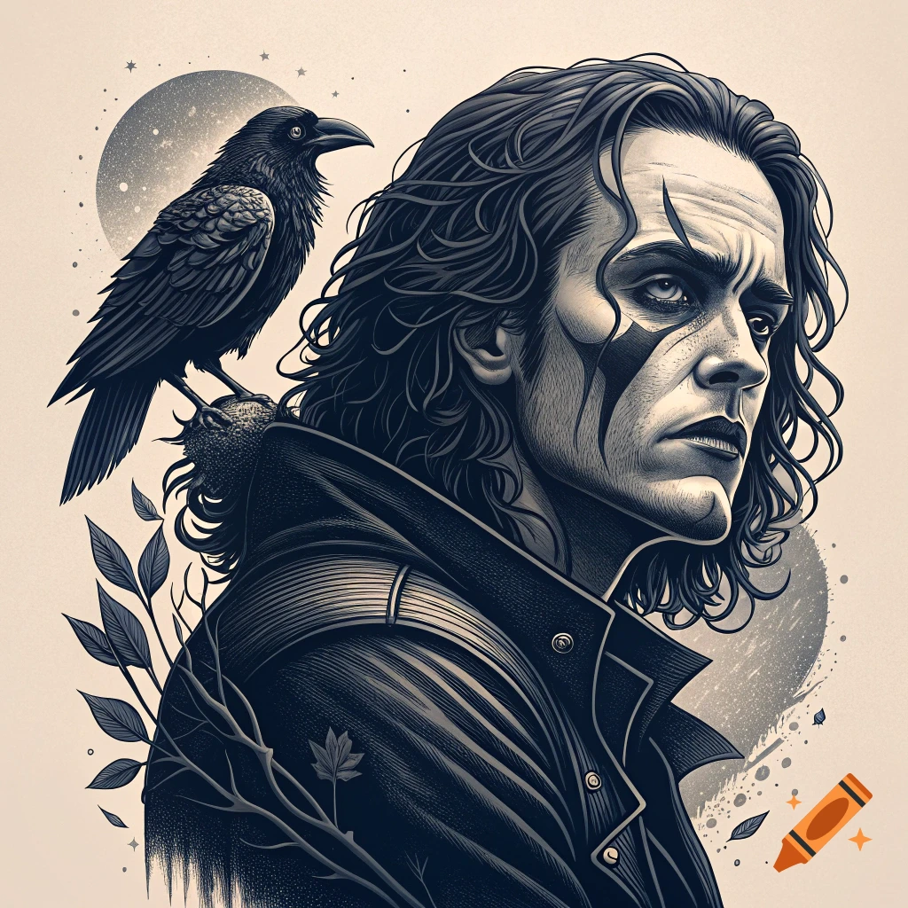 Black and white tattoo design of Eric Draven from The Crow with face paint, long hair, and a crow on his shoulder.