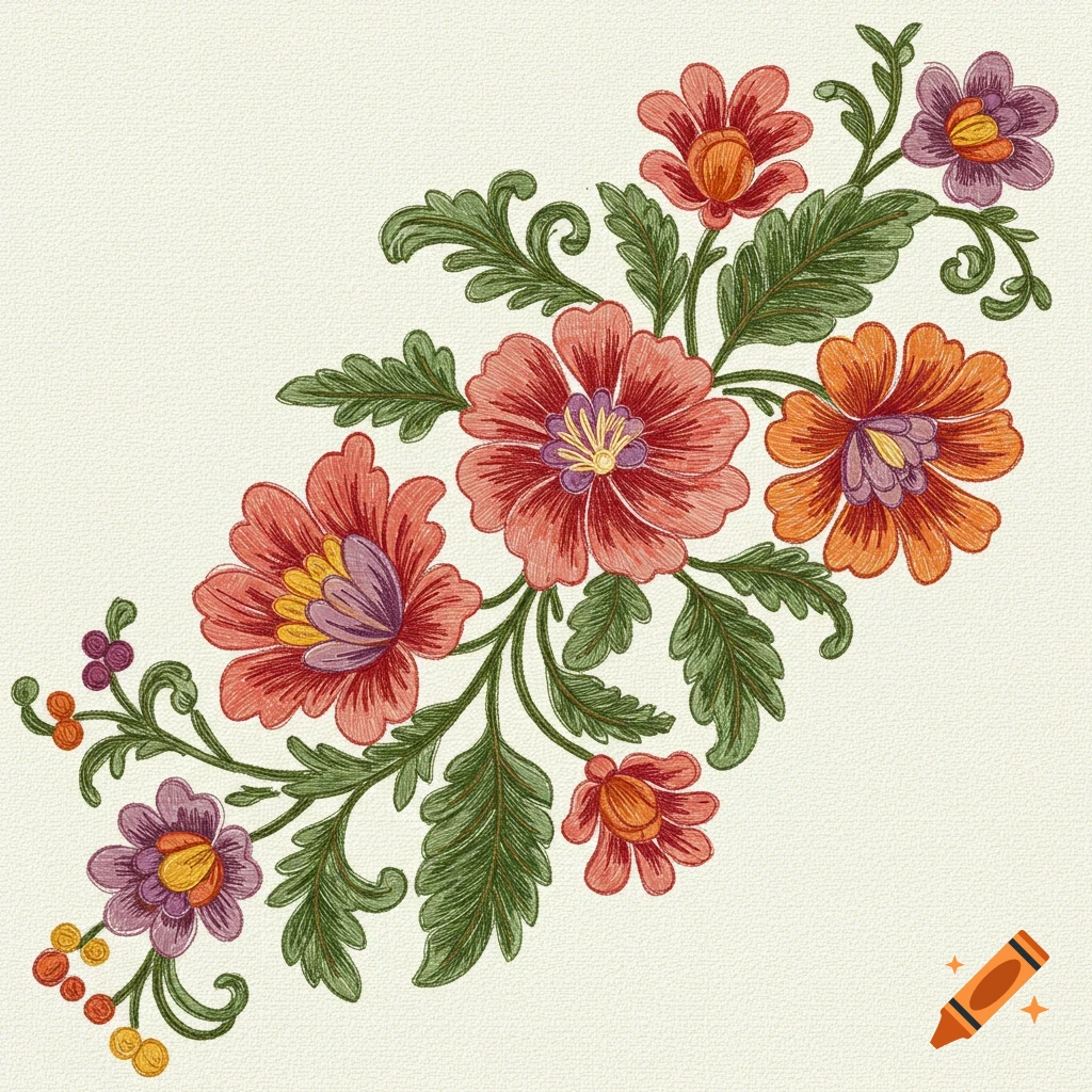 Textured floral vine embroidery pattern in red, orange, and purple.