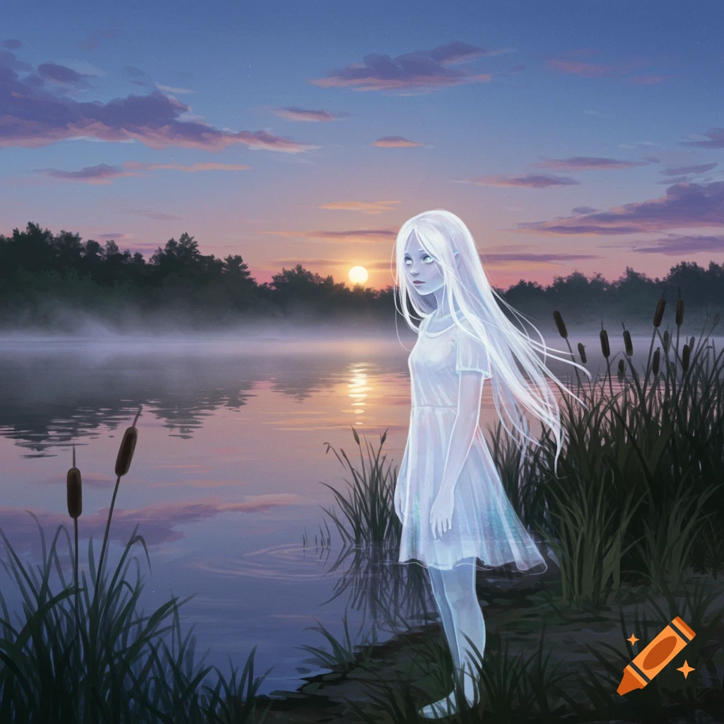 A translucent girl stands by a misty lake at sunset, with reeds and cattails in the foreground.