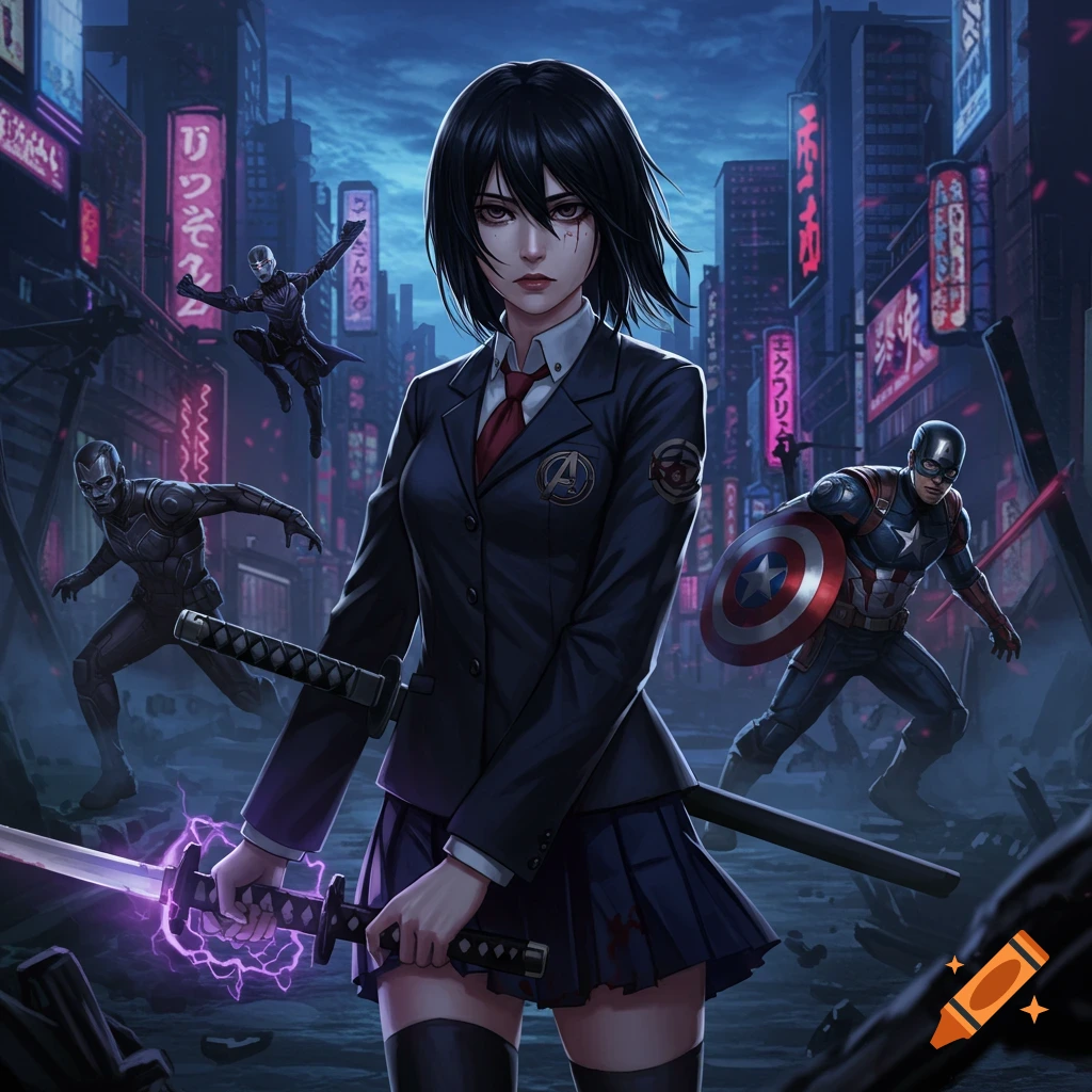 Anime character with swords standing in a cyberpunk city with Captain America and others in the background, dark fantasy style.