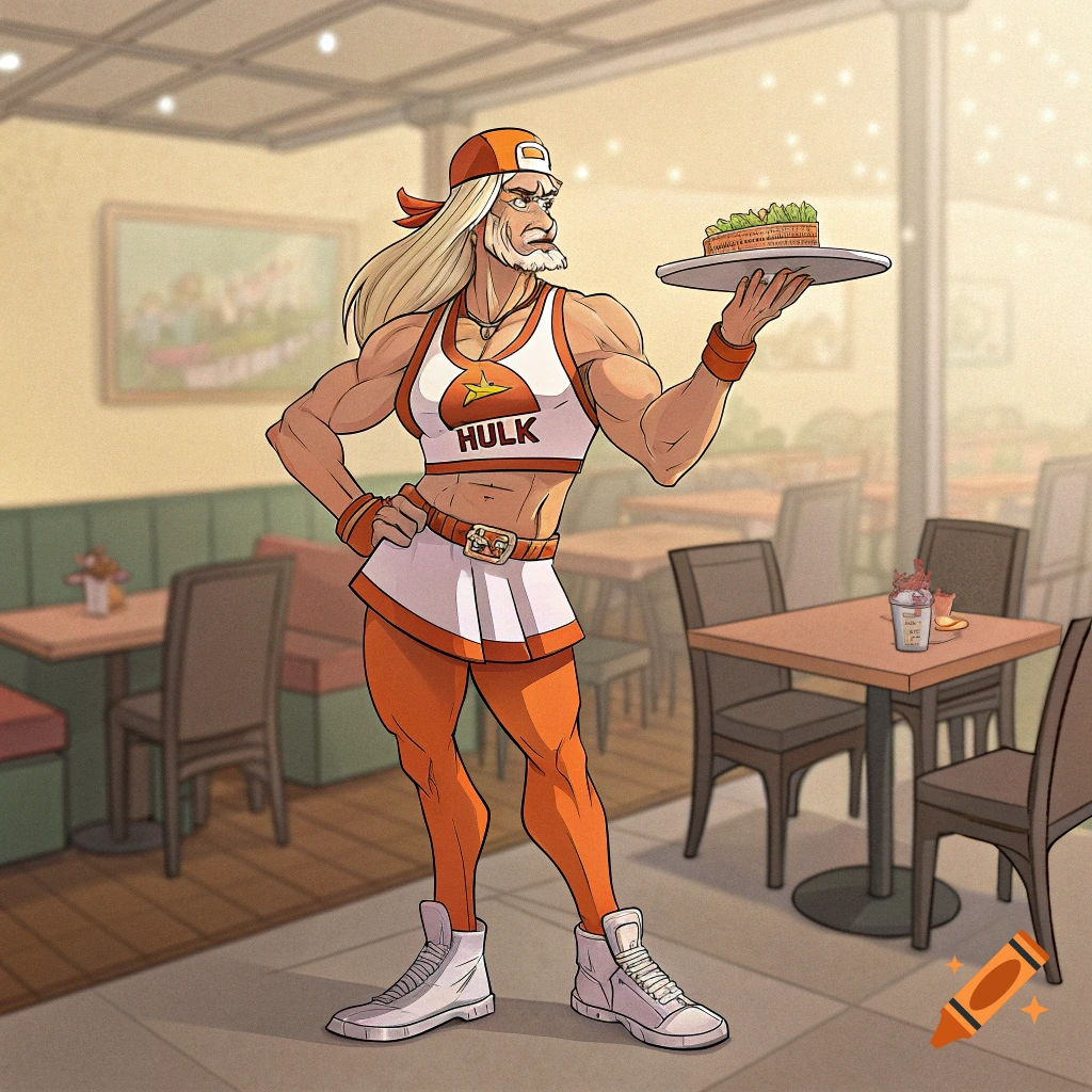 Cartoon of muscular character resembling Hulk Hogan in Hooters uniform holding food tray in restaurant