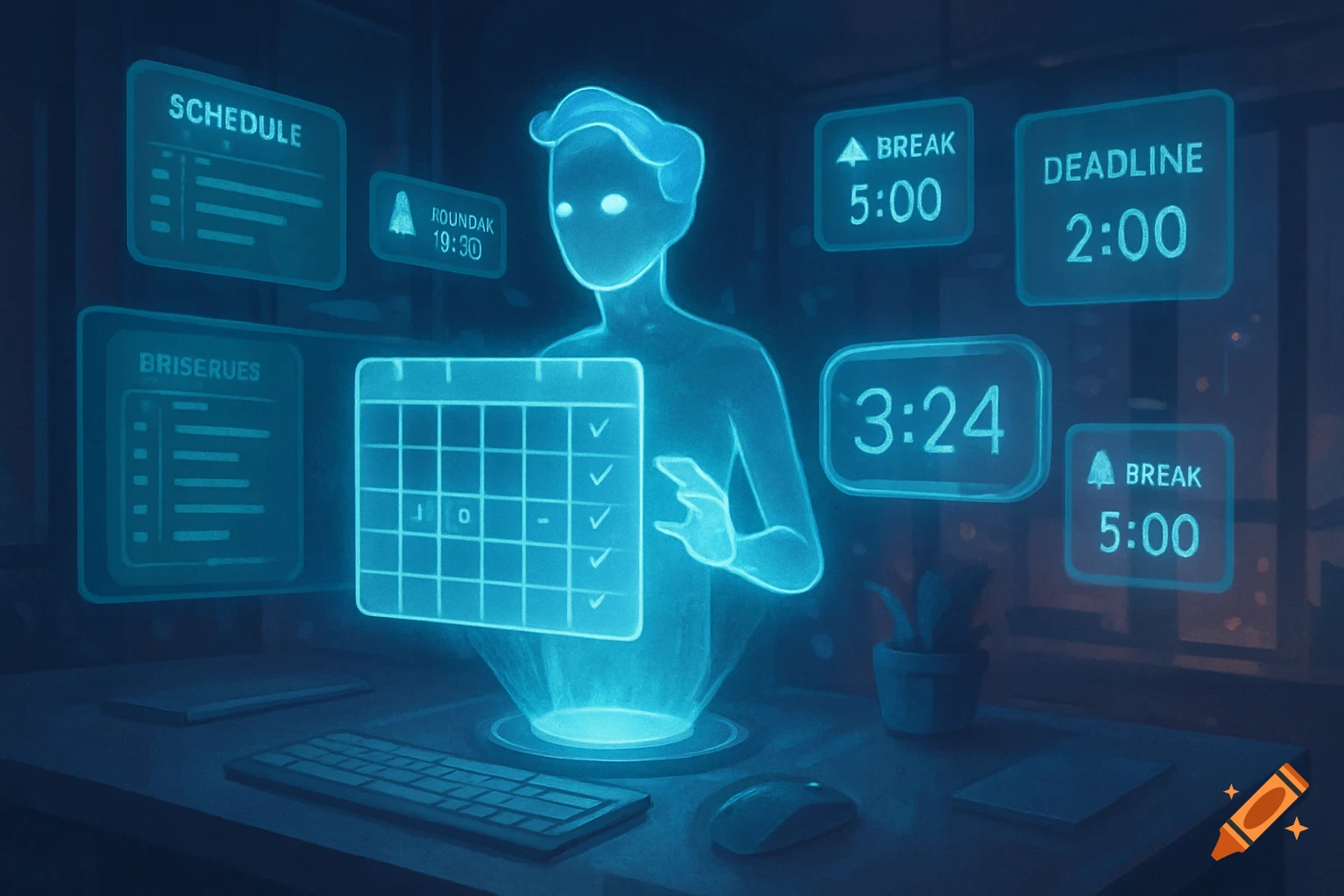 A holographic figure stands at a desk with futuristic digital screens displaying a calendar, schedule, and timers.