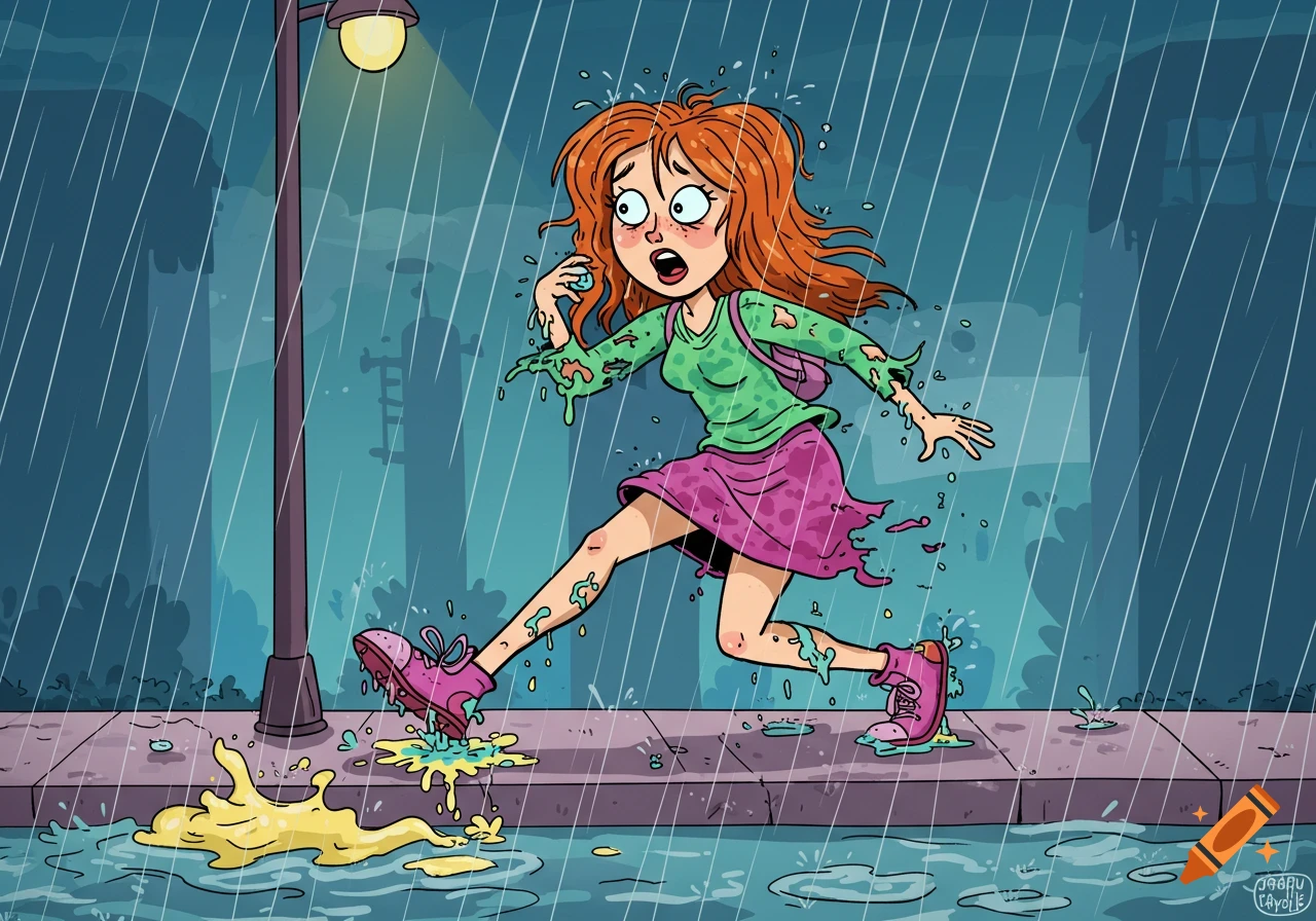 Cartoon illustration of a woman running in the rain as her clothes and shoes melt.