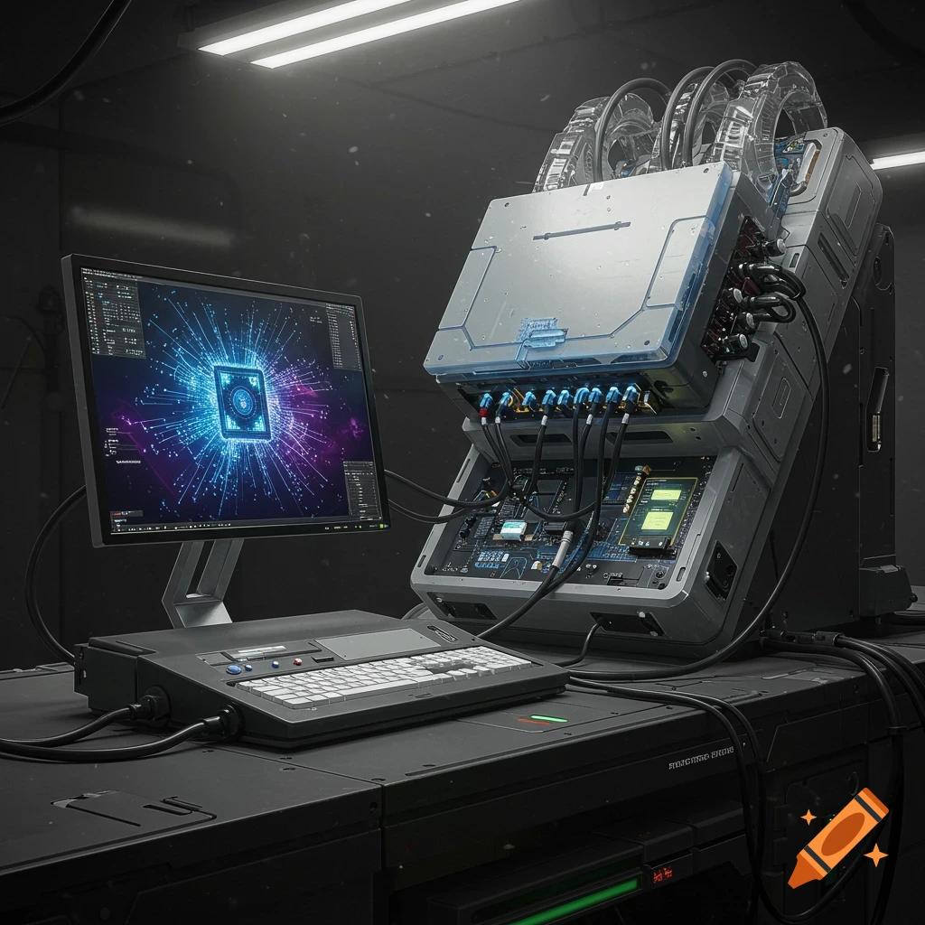 A futuristic computer setup with a monitor displaying circuit graphics and a large machine.