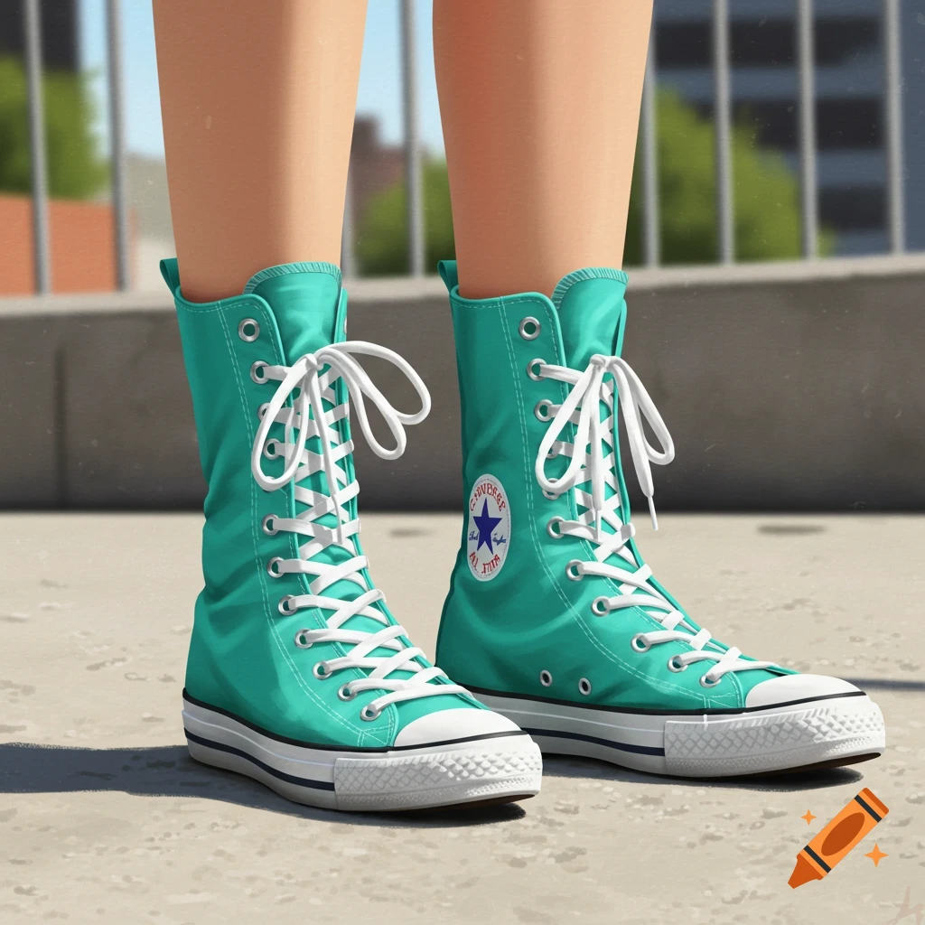Close-up of legs wearing knee-high turquoise Converse boots
