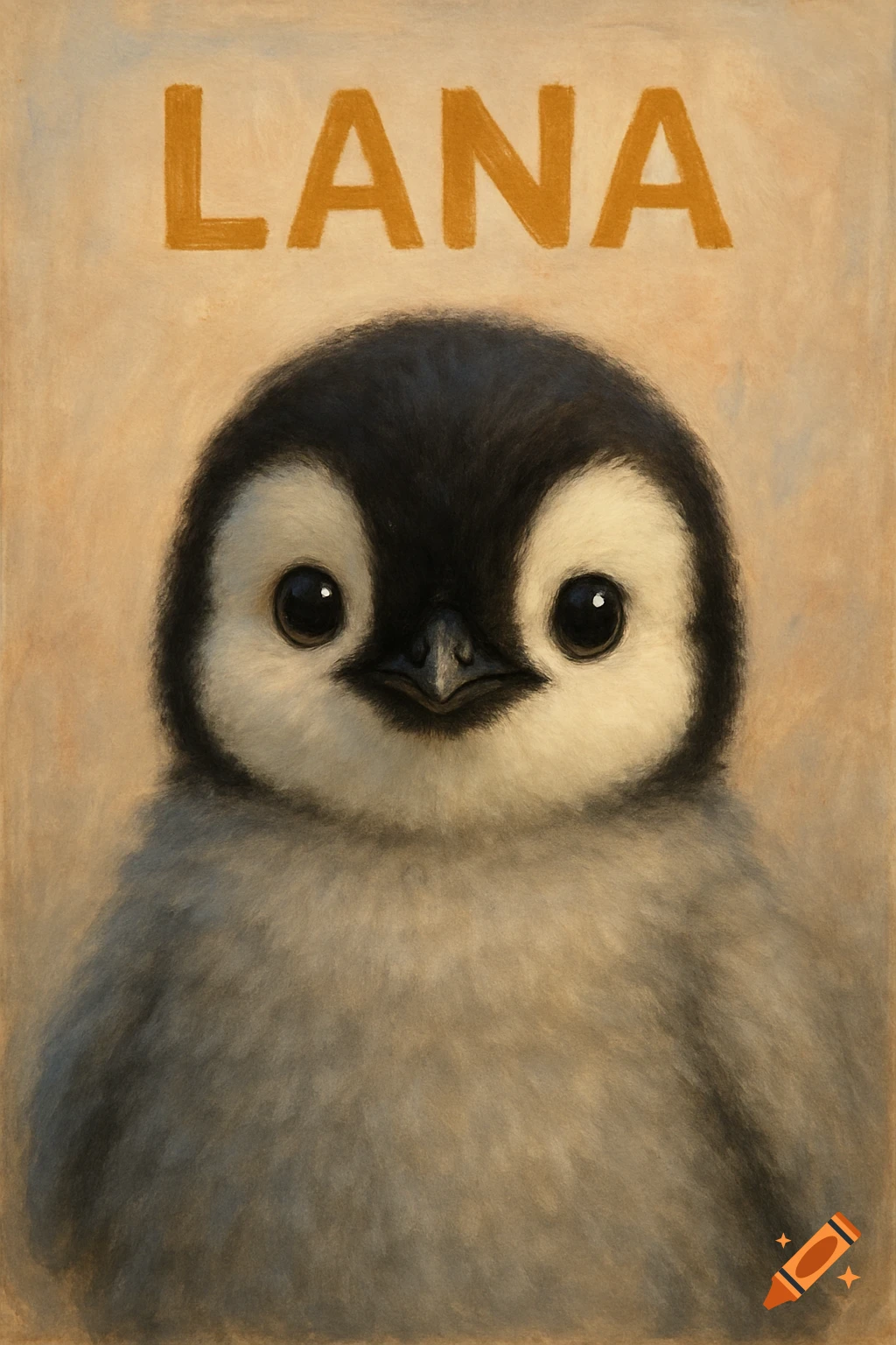 Close-up illustration of a cute baby penguin with 'LANA' text above its head.