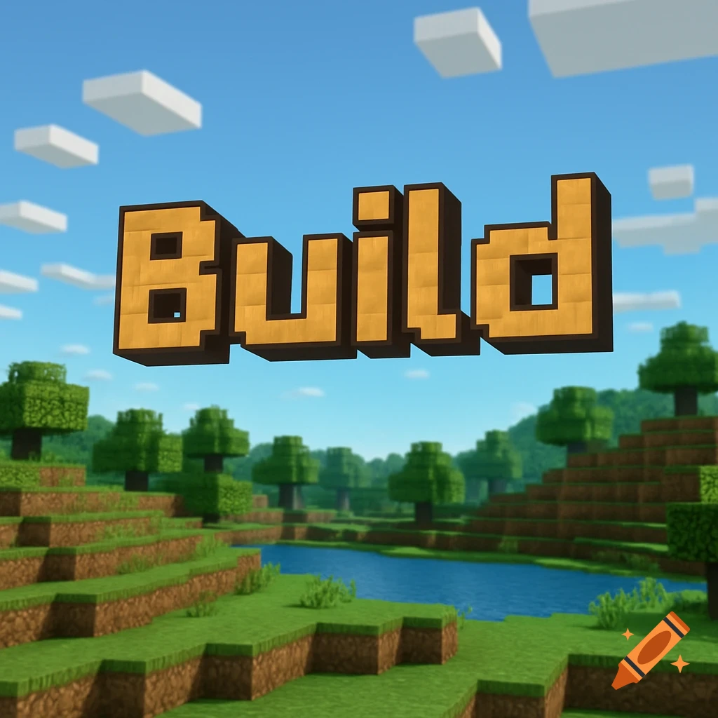 The word Build in blocky font over a Minecraft-style landscape.