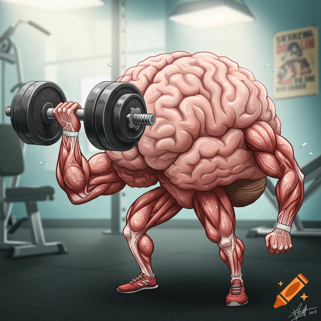 Cartoon brain with muscles lifting a dumbbell in a gym. on Craiyon