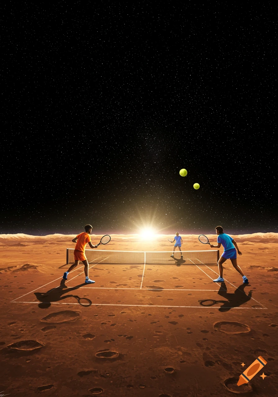 Three people play tennis on the red surface of a planet under a starry sky.