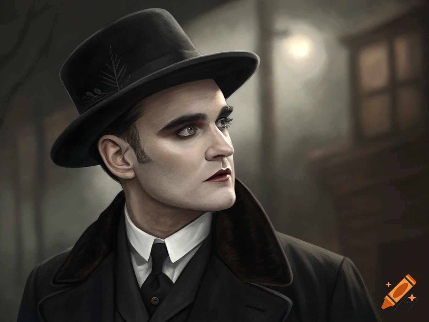 Portrait of a person with dark makeup and a hat in a misty outdoor scene.