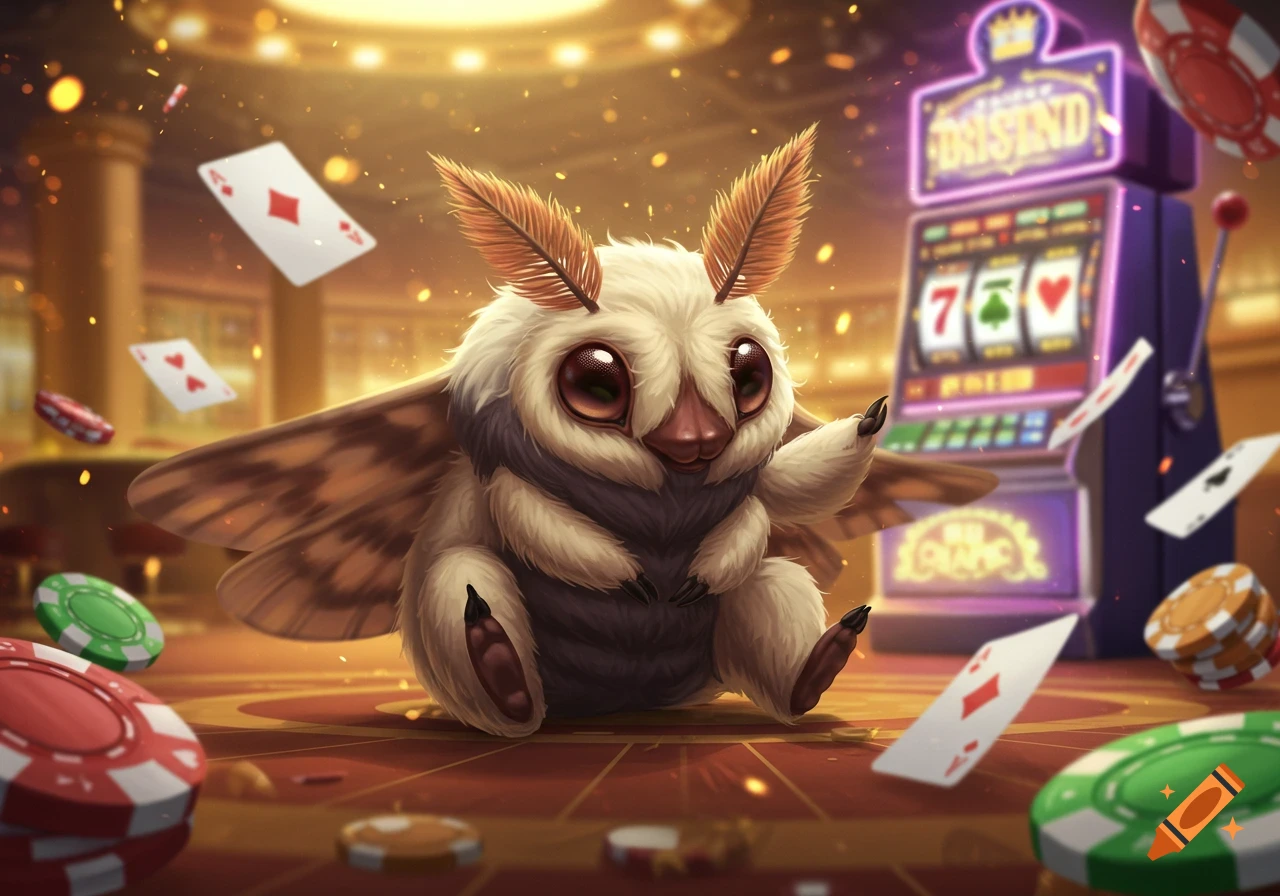 A cute fluffy moth sits in a casino surrounded by poker chips and playing cards, with a slot machine in the background.