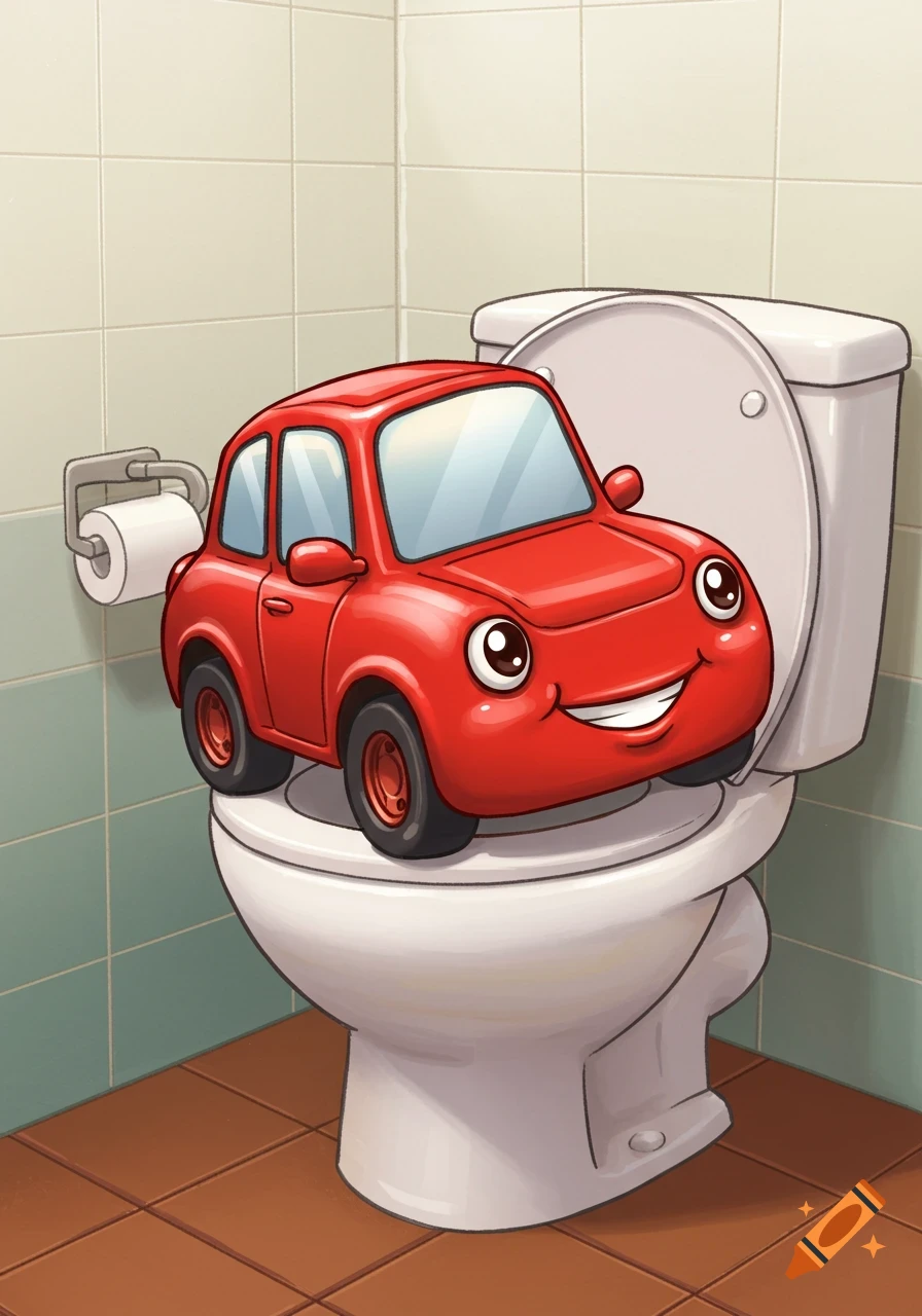 A cute cartoon red car sits on a toilet in a bathroom.