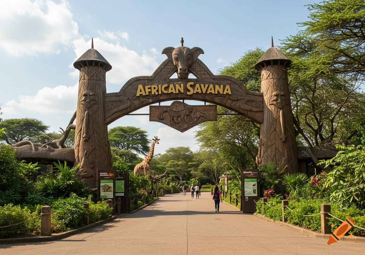 Entrance archway for African Savanna zoo section with people walking and a giraffe.