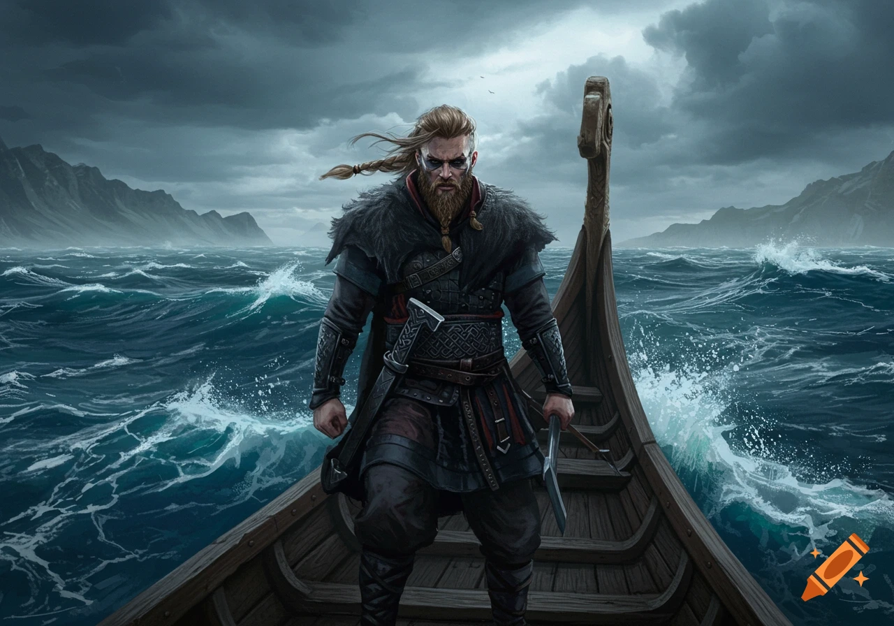 A powerful viking stands on a longboat in a stormy sea, digital painting.