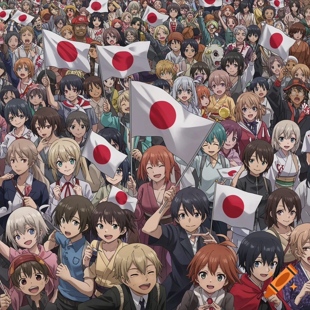 A large crowd of anime-style people smiling and waving Japanese flags.