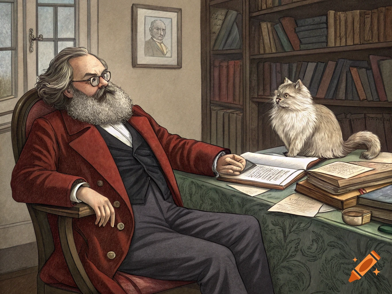 Illustration of Karl Marx sitting at a desk with a cat and books