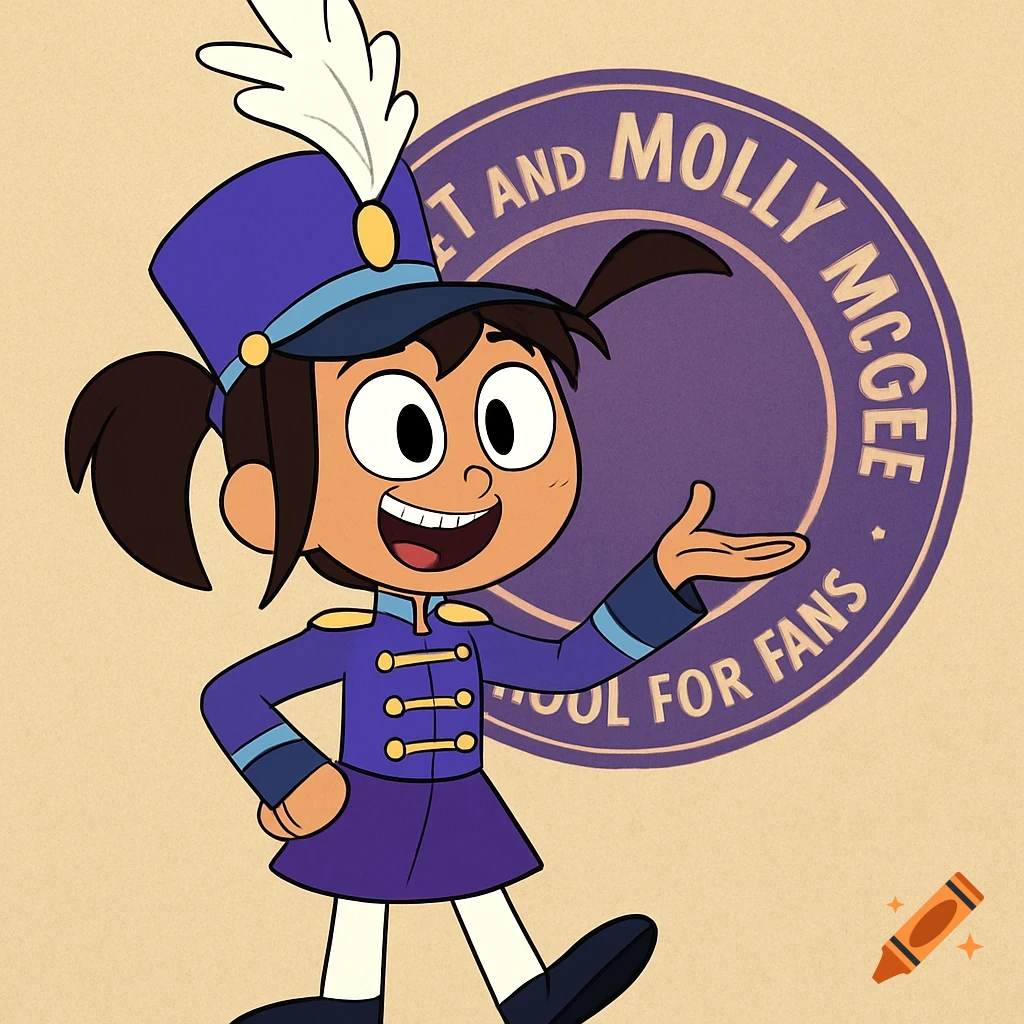Cartoon girl in a purple marching band uniform stands in front of a circular logo