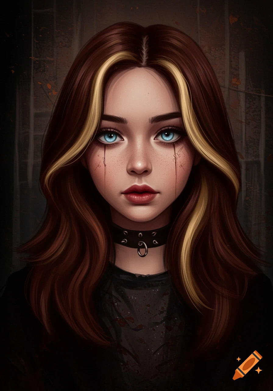 Digital portrait of a girl with brown hair, blonde highlights, blue eyes, wearing a studded choker in grunge style.
