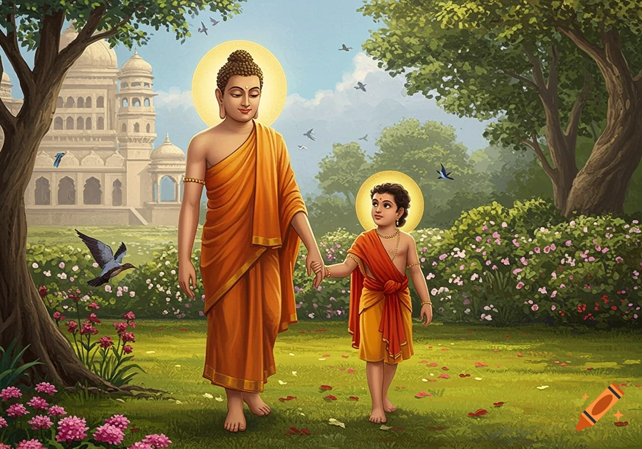 Illustration of Buddha and Prince Rahula walking hand-in-hand in a lush royal garden with a palace in the background.