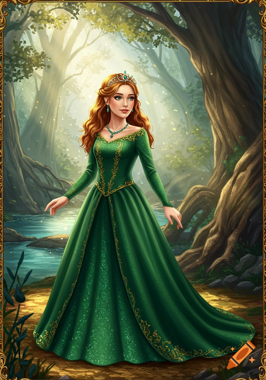 Illustration of a princess in a green dress standing in a sunlit forest ...