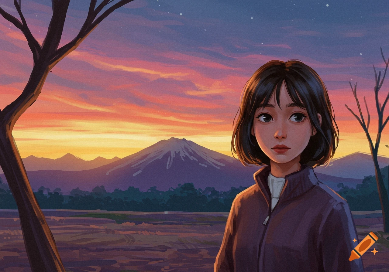 A woman stands in a field at sunrise with a mountain in the background.