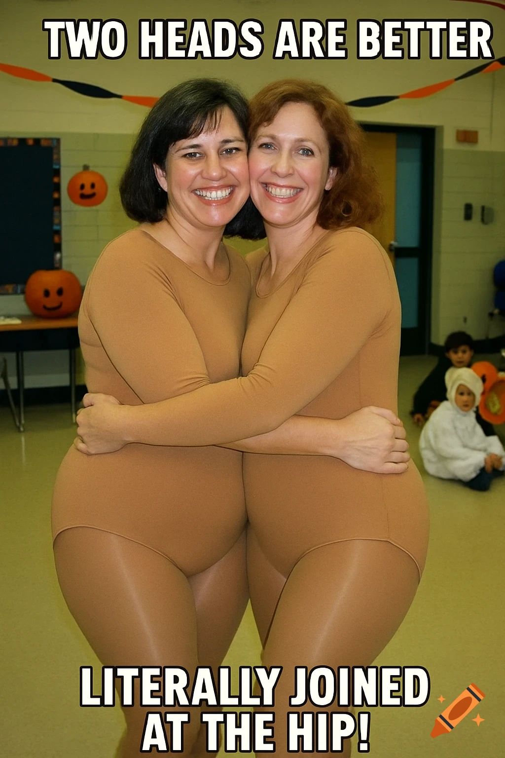 Two women in tan leotards and tights hug, appearing joined at the hip, with overlaid text reading "TWO HEADS ARE BETTER" and "LITERALLY JOINED AT THE HIP!".