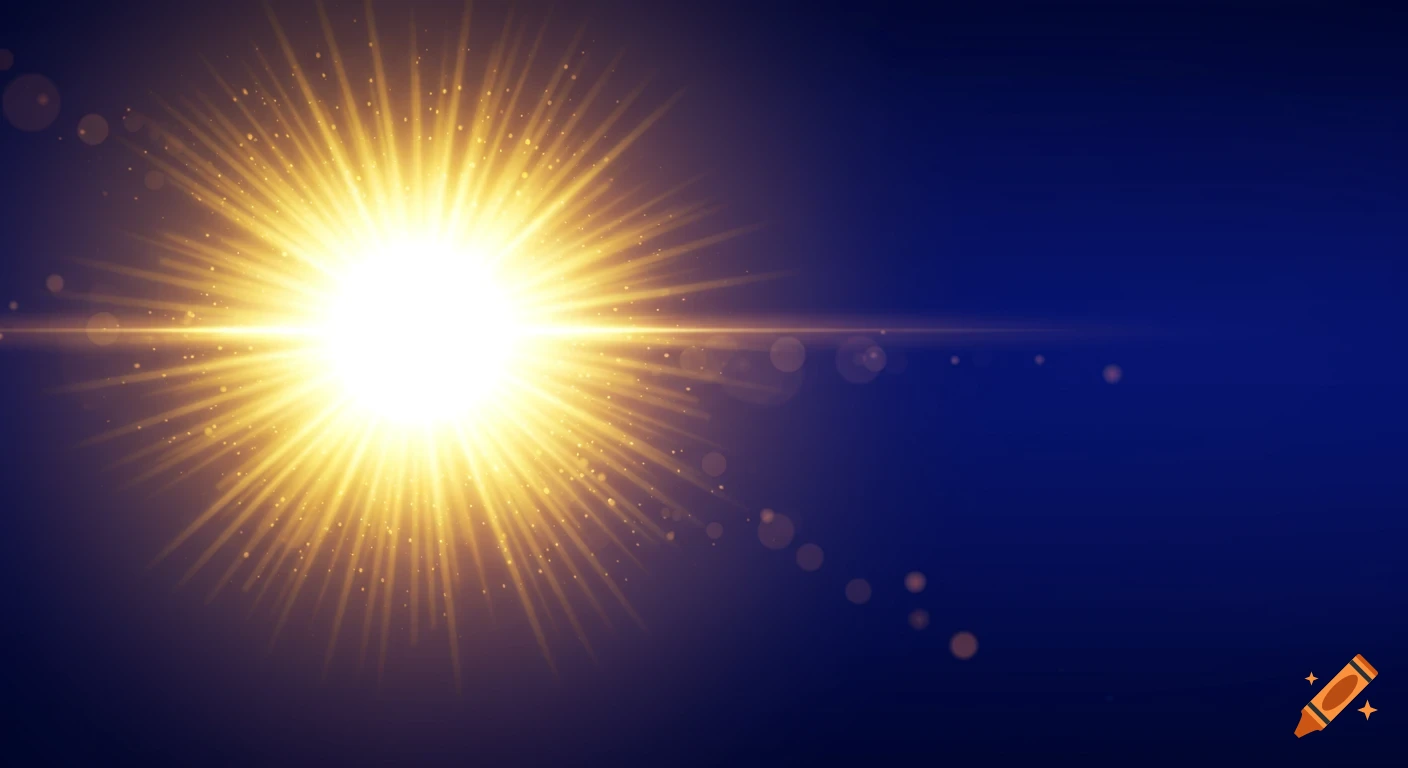 Bright golden sunburst and lens flare on a dark blue background.