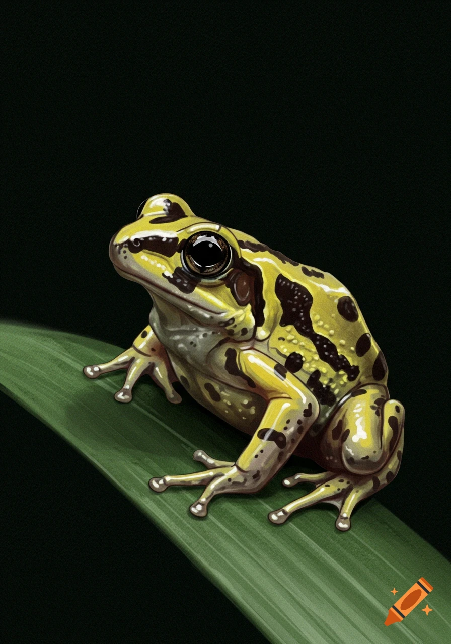 Illustration of a yellow and black patterned frog sitting on a green leaf against a dark background.
