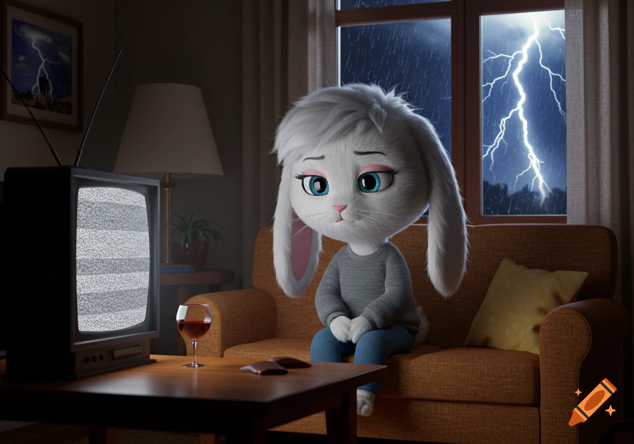 A 3D cartoon of a sad white bunny sitting on a couch, watching static on a TV during a thunderstorm.