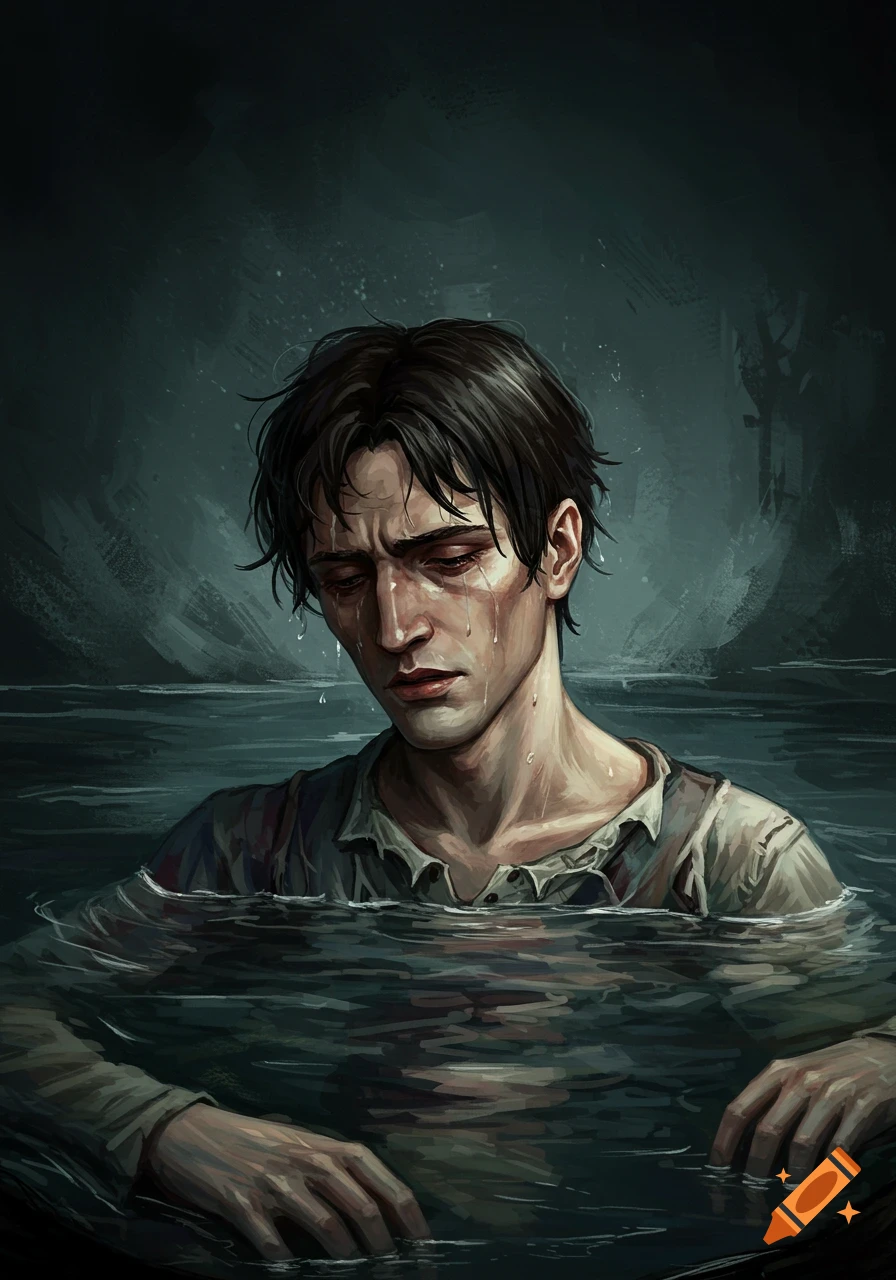 A painted portrait of a young man crying, submerged in dark water.