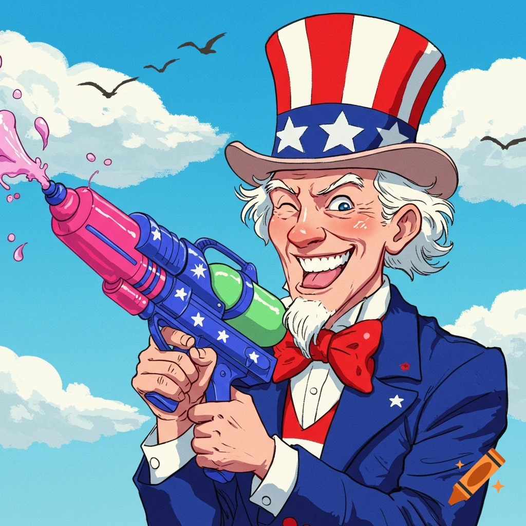 Cartoon illustration of Uncle Sam winking and shooting a pink water gun