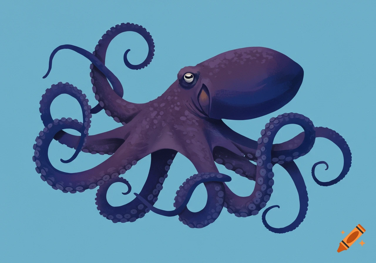 Stylized illustration of a purple octopus on a blue background.