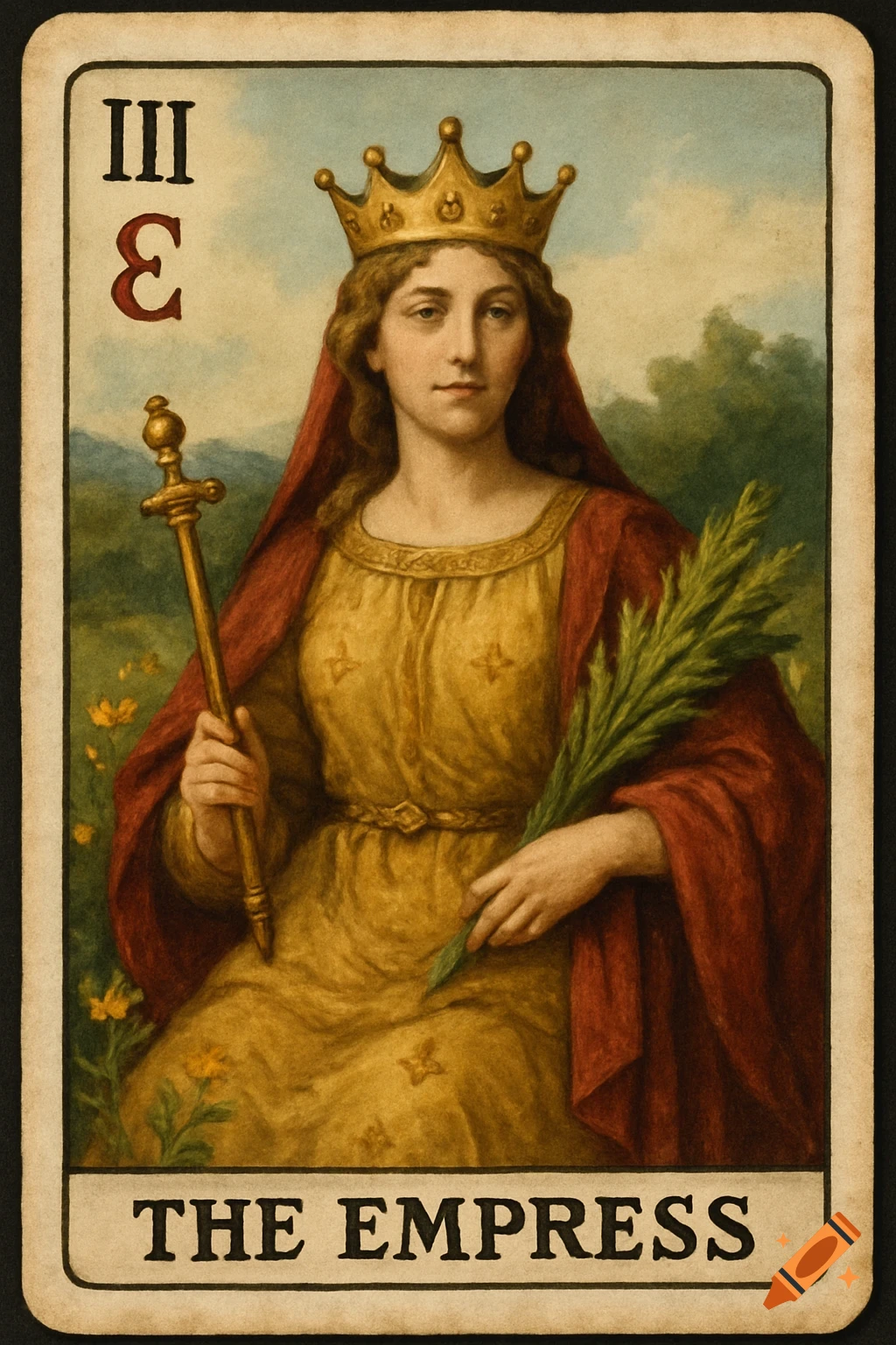 Illustration of The Empress tarot card, showing a seated woman in golden robes and crown, holding a staff and wheat stalks. Text reads 'III E' and 'THE EMPRESS'.