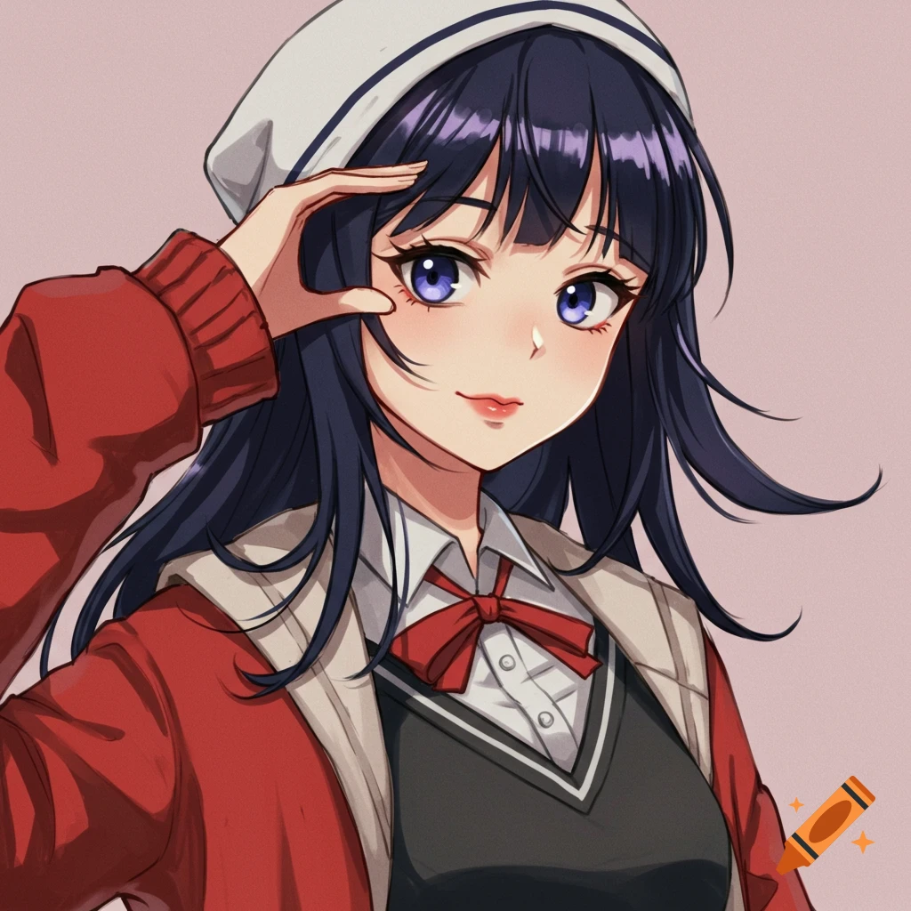 Anime portrait of a girl in a red sweater and white hat on Craiyon