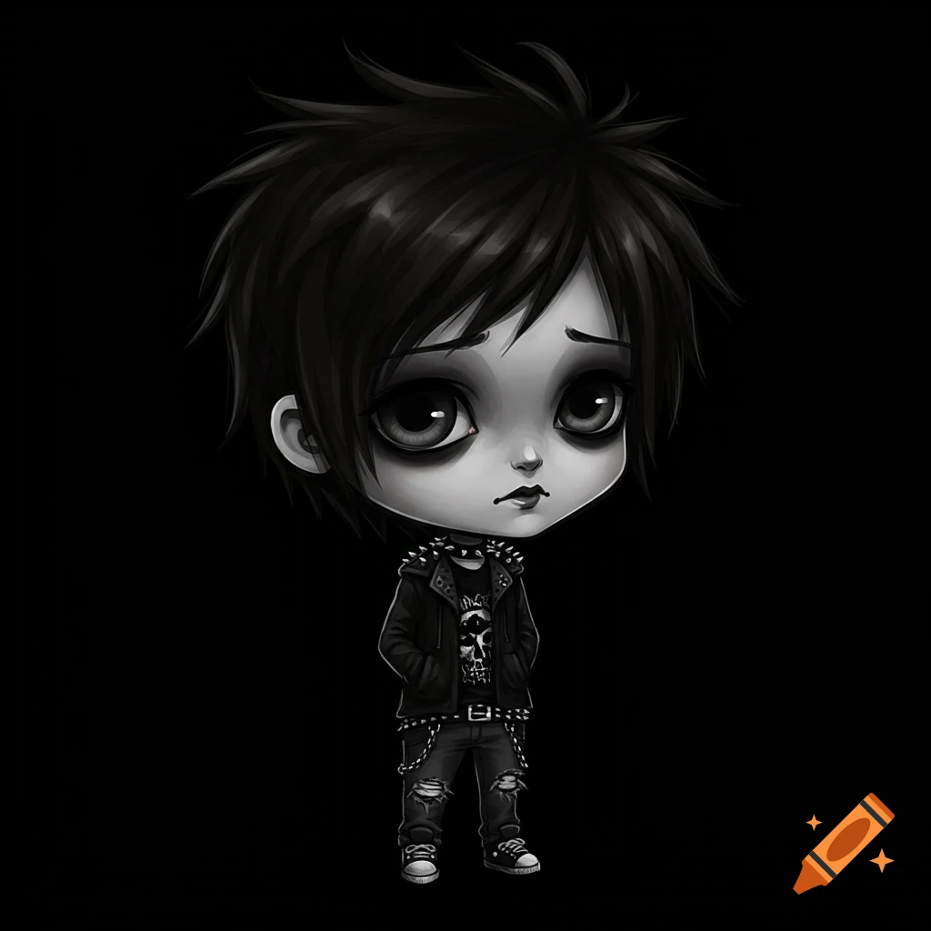 Black and white illustration of a sad chibi emo boy in a leather jacket and ripped jeans.