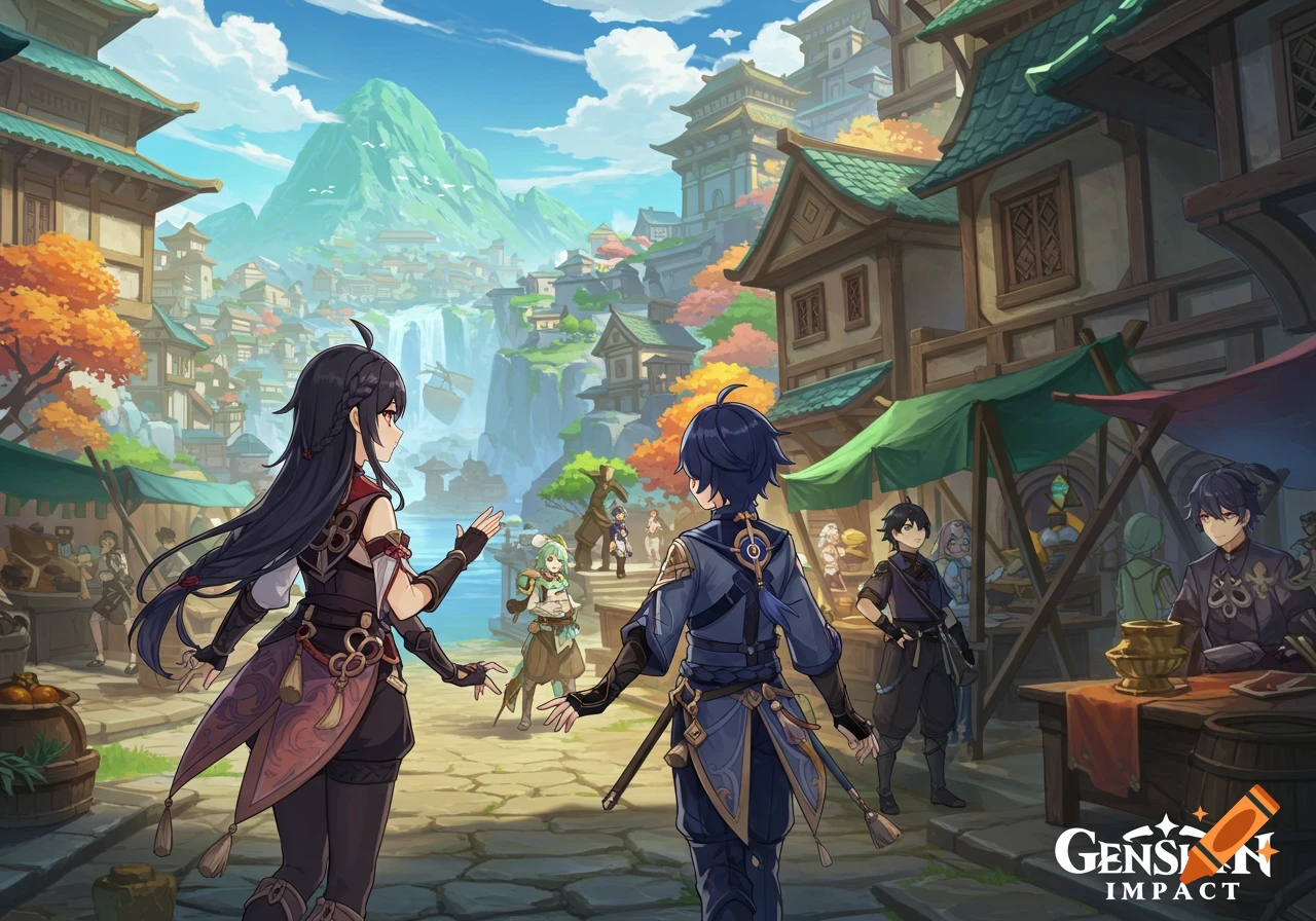 Anime characters stand in a fantasy marketplace looking at a village built into a mountain.